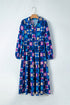 Blue Floral Peasant Sleeve Tiered Ruffle Midi Dress
